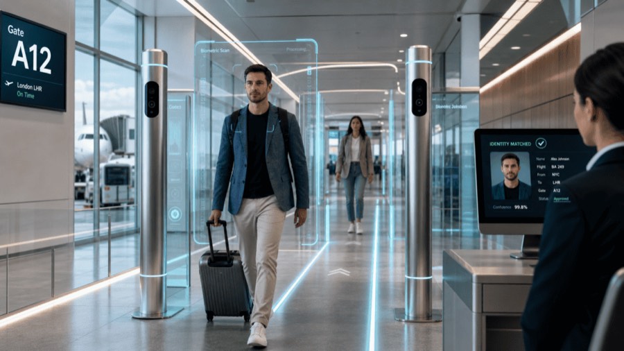 Reiziger bij een biometrische grenscontrole met gezichtsscan